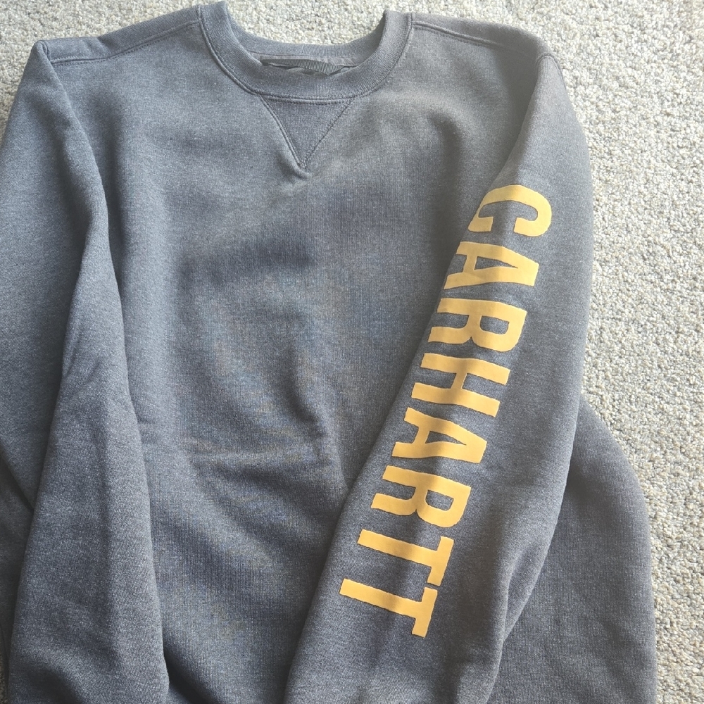 Carhartt Men's Charcoal Sweater with Bold Yellow Sleeve Logo